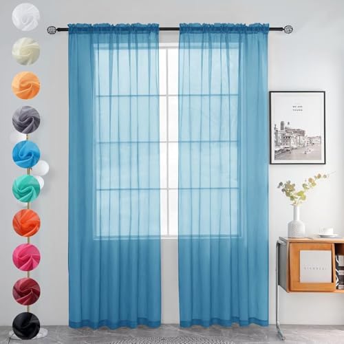 youleyar Solid Sheer Rod Pocket Curtain Voile Draperies 2 Panels White Beige Black Grey Ivory 52 Inch Width 90 Inch Long 1 Pair for Kitchen Bedroom Children Living Room Yard (Blue,52Wｘ90L)