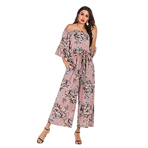 Love Welove Fashion Women's Summer Floral Off Shoulder Ruffled Short Sleeve High Waist Wide Leg Pants Casual Loose Jumpsuit Romper (Xxl, Pink Floral) #TOP1