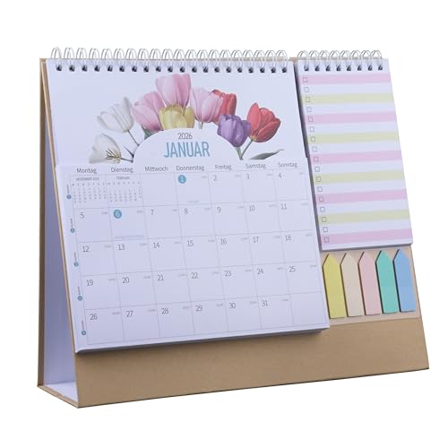 AMO HERMOSO Tischkalender 2026, Kalender 2026 Schreibtischkalender Desktop Monatskalender Januar bis Dezember mit Tasche, Mini Notizen und Farbigen Etiketten, To-Do-Liste für Büro Zuhause