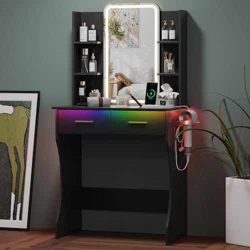 Image of HUANLEGO Small Black Vanity Desk with Mirror and Lights for Women Girls | Vanity Mirror with Lights, 3 Lighting Adjustable, LED Light Strips, Built-in Power Outlet, Compact Dressing Table For Girls