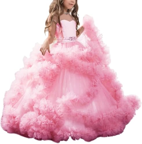 Girls Luxury Pageant Dresses Princess Prom Ball Gown Flower Girl Dress Ruffles Tulle Beaded Prom Party Birthday Gowns