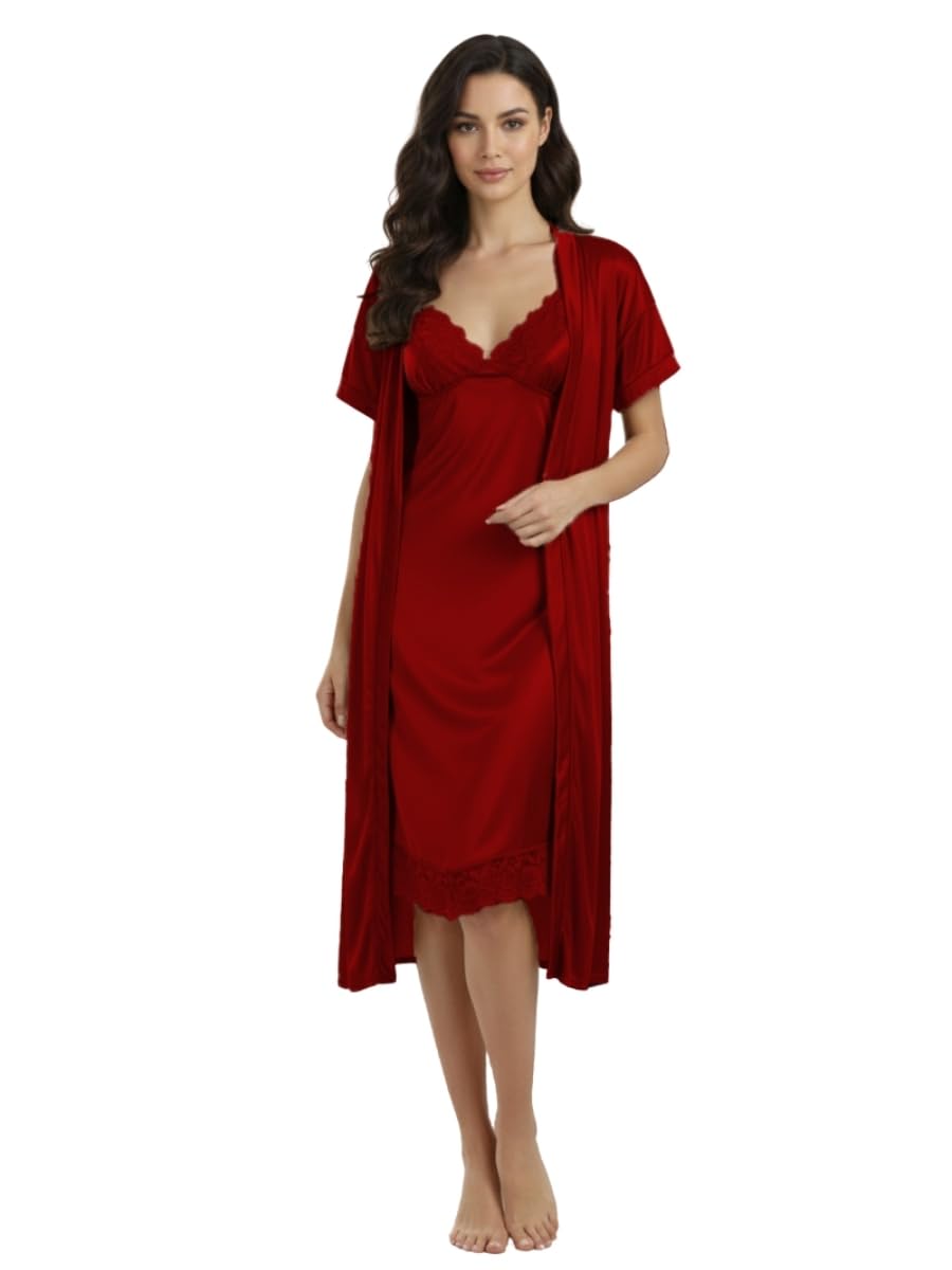 Satin Nighty for Women - Ladies Night Dress Robe, Stylish Knee Length Nighty Soft Satin Nightwear Gown with Lace Detailing | Comfortable Sleepwear for Every Night-image-49