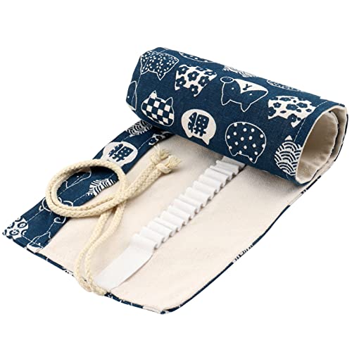 Image of Canvas Pencil Wrap Case, 48 Holes Colored Pencil Roll Holder Storage Pouch for Office (72 Holes, Blue)