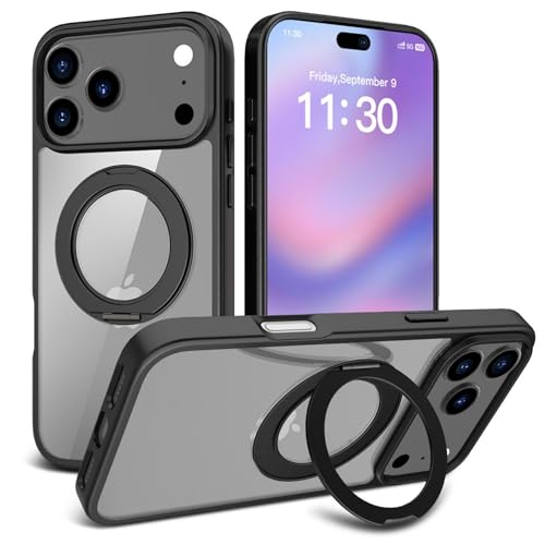 BSHITWO for iPhone 17 Pro Max Case, 360 Spin Magnetic Stand, Phone Case Compatible with MagSafe, Anti Yellowing, Shockproof Military Grade Drop Protection, Translucent Matte, Black Frame