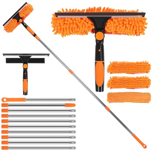 MEKOTRIN 2 In 1 Lavavetri Telescopico, 4.5m Strumento Per La Pulizia Dei Vetri Con Spugna E Doppia Lama Laterale In Gomma, Kit Per Lavaggio Finestre Con Asta Di Prolunga Per Porta Doccia (Giallo)