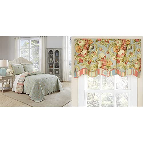 Waverly Garden Glitz Modern Farmhouse Floral 3-Piece Reversible Quilt Bedding Bed Spread Set, Queen, Vapor & Spring Bling Valances For Windows Rod Pocket Curtains, 52'' X 18'', Vapor #TOP17