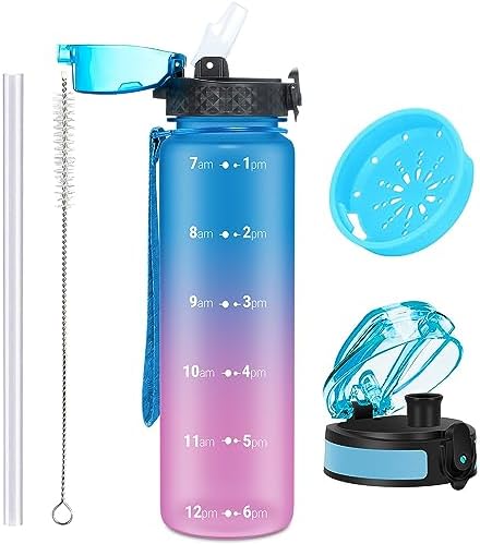 OLDLEY 1L/32oz Sports Water Bottle with 2 Different Lids, 1000ml Motivational Drinks Bottle with Time Markings Leak Proof Drink & Lock Cover, BPA Free for Gym School Cycling Running Hiking