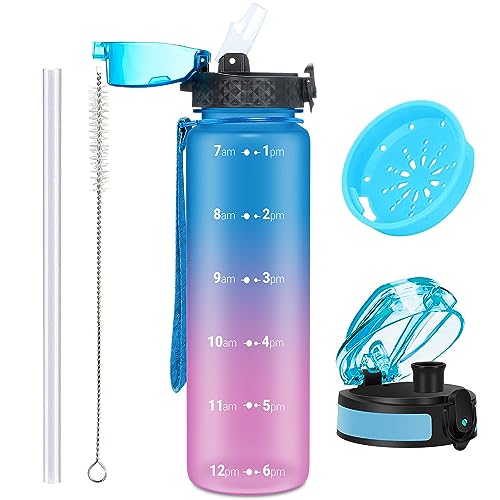 Vattenflaska med sugrör 1 liter (32 oz) 2 korkar, 1 l läckagesäker sportvattenflaska 1 000 ml med filter tidsmarkeringar BPA-fri tritanplast drickflaskor för barn män kvinnor cykling gym vandring löpning