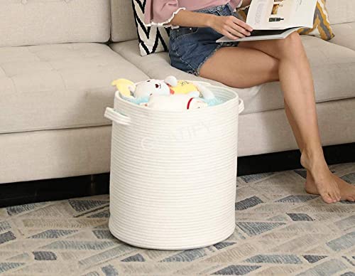 Image of Mansa Traders 12 inch x 12 inch x 14 inch Large Storage Basket with Lid, Cotton Rope Storage Baskets, Laundry Hamper, Toy Bin, Toys Blankets Pillows Storage in Living Room Baby Nursery, White Stiches with Cover