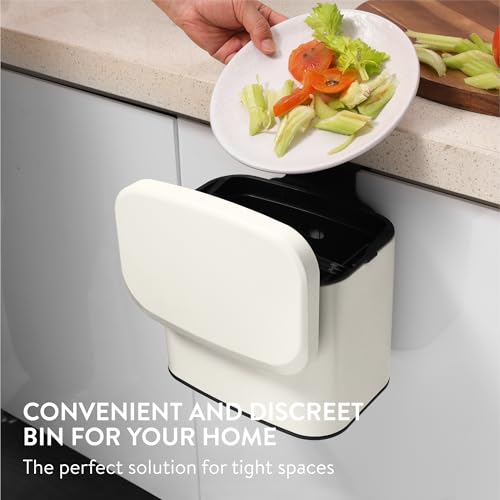 Navaris Hanging Food Waste Bin with Lid, 4L, Cream - Small Compost Food Waste Caddy for Kitchen - Easy Clean Under Sink Trash Bins - Ideal for Wall, In Cupboard Door & Counter Top - Image 6