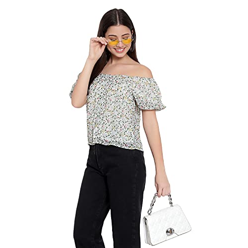 Image of FNOCKS Women Button Closure Short Sleeves Floral Printed Tops /Georgette Fabric