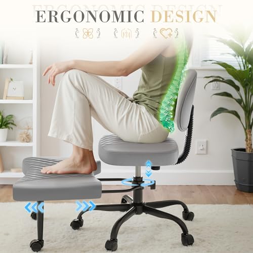 Image of Furmax Ergonomic Criss Cross Legged Office Chair with Wheels, 360Swivel Adjustable Height Kneeling Desk Chair with Footrest for ADHD, Yoga, Meditation, Home Office (Leather, Gray)