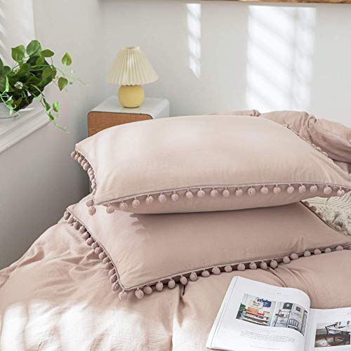 Taupe Duvet Cover Set Light Taupe Bedding Set 3 Pieces Tan Gray Ultra Soft Pom Poms Fringe Pattern Solid Taupe Bedding Queen 1 Duvet Cover 2 Pillowcases (Queen,Taupe) - Thumbnail 5