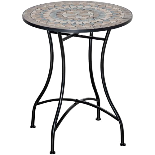 Gartentisch Mosaiktisch rund Bistrotisch Beistelltisch mit Mosaikplatte Keramik Metall Grün+Beige+We