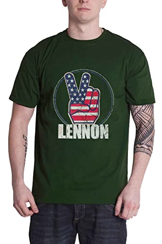 John Lennon T Shirt Peace Fingers US Flag Logo Official Unisex Green S
