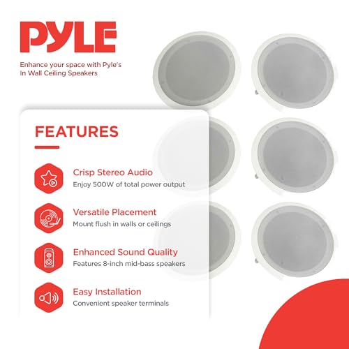 Pyle 8 Inch 2 Way in Wall Ceiling Home Speakers System Audio Stereo, 6 Speakers