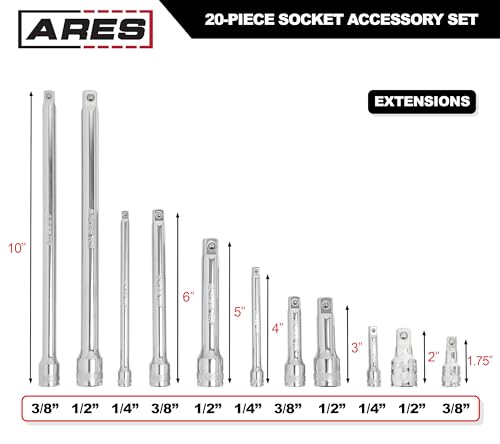 Image of ARES 40003-20-Piece Socket Accessory Set - Premium Chrome Vanadium Steel with Mirror Finish - Includes Socket Adapters, Extensions and Universal Joints