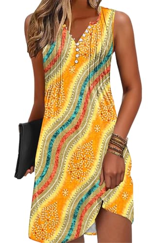 Image of ETCYY Sundresses for Women 2026 Vacation Swim Cover up Beach Dresses Button Down Sleeveless Boho Floral V-Neck Summer Dress,Striped Yellow,X-Large