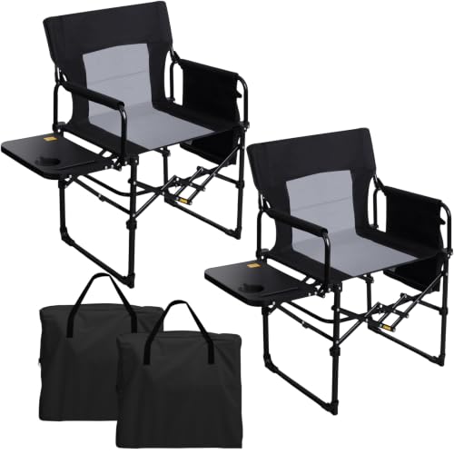 Romswi 2 Pack Folding Director Chair for Outdoor, Heavy Duty Camping Chair with Side Table, Cup Holder & Storage Pockets, Oversized Portable Chair Supports 400 lbs for Fishing, Picnic, Lawn, Black