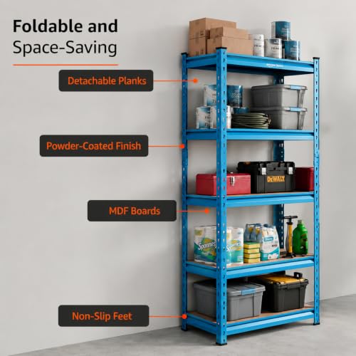 Image of Amazon Basics 5-Tier Storage Rack | Bolt-Free Assembly | Metal Stand & Thick MDF Board | 175kg Capacity Per Shelf | 63H x 24W x 12D inch Adjustable Shelf Rack for Home, Garage & Shop | Blue