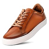 Dunross & Sons Men's Fashion Sneakers, Leather Sneakers for Men, Harvey Cognac Brown Lace-up Low Top