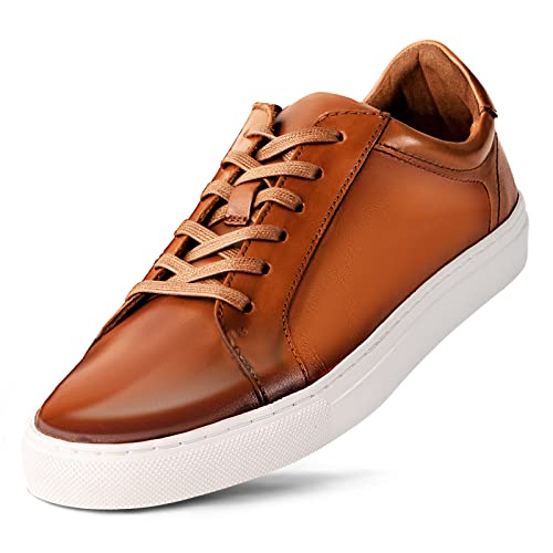 Dunross & Sons Men's Fashion Sneakers, Leather Sneakers For Men, Harvey Cognac Brown Lace-Up Low Top Mens Casual Shoes. #TOP6