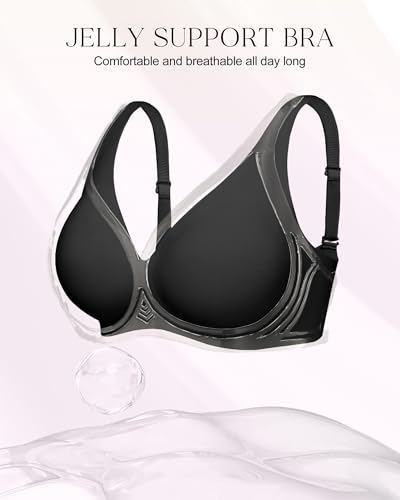 Wireless and Seamless Jelly Bra for Women - No Underwire Push Up Deep V Bras for Womens - No Wire Back Support Lift Bralette with Padded - Full Coverage Plus Size Comfort Bralettes, Black, M