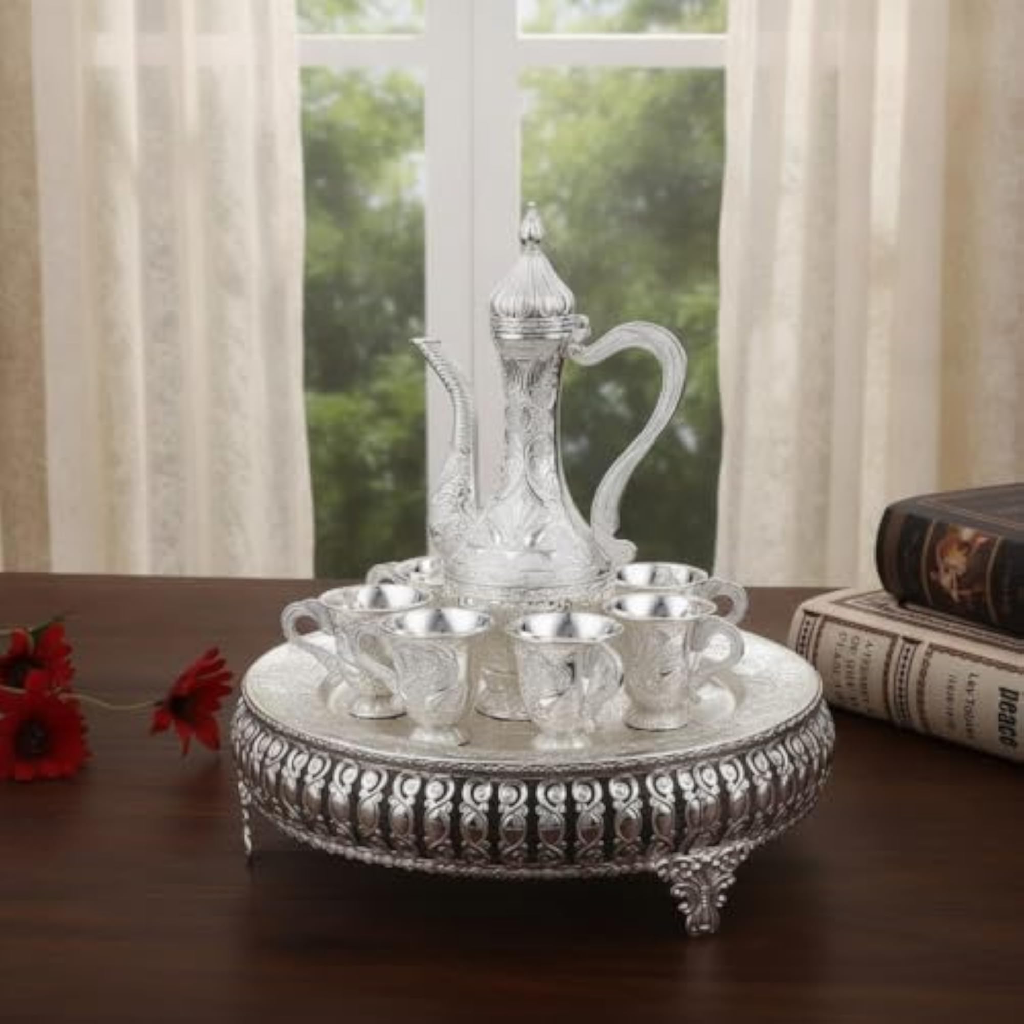 Ornate Tea Service with Tray, Metallic-Finish