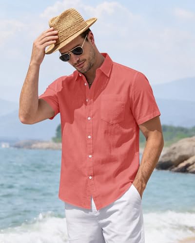 Image of J.VER Mens Linen Shirt Short Sleeve Button Down Casual Summer Shirts | Cotton Linen, Untucked, Big Tall, from Beach Camp Vacation, Cruise Fishing, Work Office, to Wedding Party Family, with Pocket