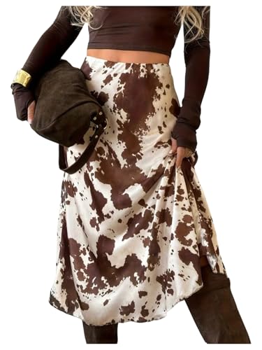 MakeMeChic Womens Cow Print Skirt High Waisted A Line Flowy Summer Midi Skirts Brown Large