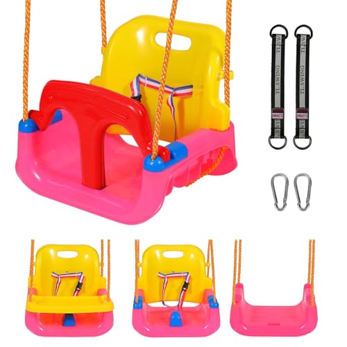 Image of RedSwing 4-in-1 Kids Swing Seat for Infants to Teens with Detachable Safety Harness,Snug & Secure Outdoor Playground Swing Attachment for Backyard, Garden,Park | Large Size, Pink Red Yellow
