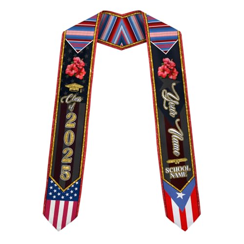 MonkeyVan Personalized Puerto Rico Graduation Sash 2025, Custom Puerto Rican American Flag Graduation Stole Class of 2030 S158