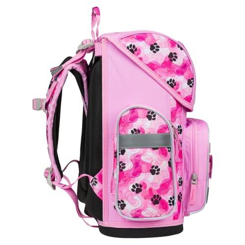 Baagl Schulranzen Jungen Mädchen Set 3 Teilig, Ergo Schultasche für 1. Klasse, Ergonomische Grundschule Ranzen Tornister mit Brustgurt (Pfötchen)