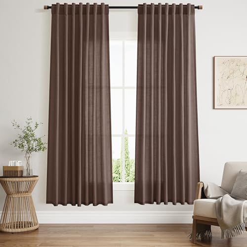 Image of Cappuccino Linen Curtains 72 Inch Long for Living Room Bedroom Lightweight Door Drapes 2 Panels Set, Semi Sheer Light Filtering Back Tab or Rod Pocket Curtain,52x72