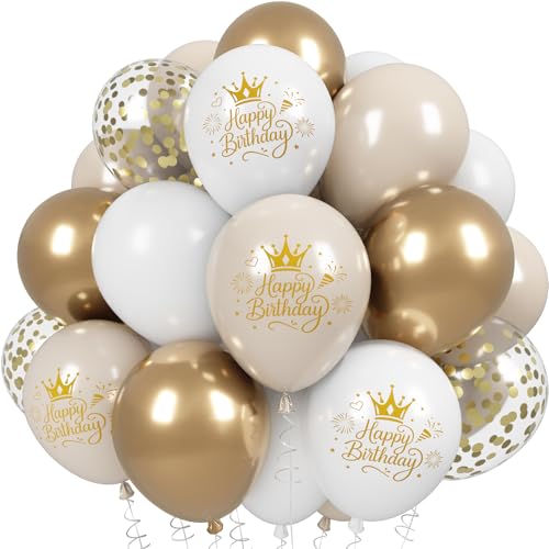 Image of White and Gold Birthday Balloons for Women Girls, Sand White Cream Beige Printed Balloons with Metallic Light Gold Confetti Balloon for Girls Women Boho Neutral Birthday Party Decorations