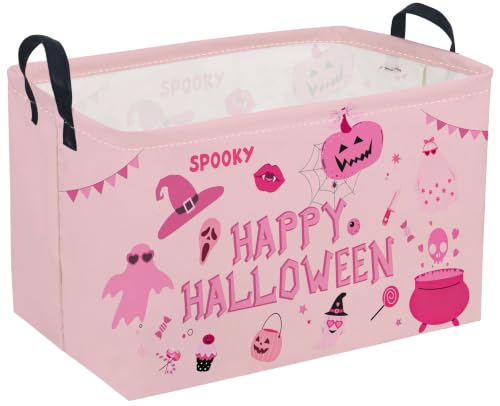 Image of Sanjiaofeng Rectangular Pink Halloween Ghost Storage Basket,Waterproof Foldable Storage Baskets,Trick or Treat Halloween Basket,Halloweens Party Candy Gift Baskets(Pink Ghost)