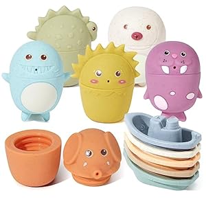 AMCHSURI Bath Toys for Kids Ages 1-3, 11 PCS Mold Free Toddler Bath Toys for 2-4 Bathtub Water Toys Non Toxic Stackable Bath Boats and Animal Squirt Bath Toys for Babies 6-12 Months
