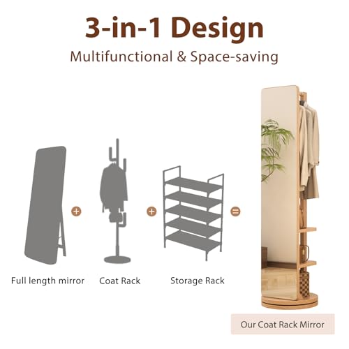 Image of WoodsWhisper Full Length Mirror Coat Rack Solid Wood Floor Mirror 70 inchx16 inch Full Length Mirror with Stand Long Mirrors for Bedroom,Living Room (Natural, 70 inch L x 16 inch W)