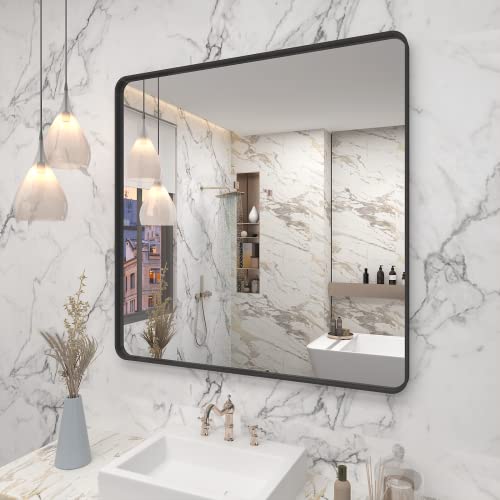Vanlio 36X36 Black Metal Bathroom Mirror, Square Matte Framed Wall Mirror For Bathroom, Modern Rectangle Vanity Mirror With Rounded Corners, Shatterproof, Non-Rusting #TOP22