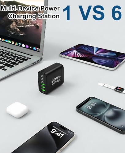 Image of 90W GaN USB C Charger Block [2 Pack],6-Port USB C Wall Charger Fast Charging 45W PD Power Adapter for MacBook Air /iPad Pro /iPhone 17Pro Max /Samsung Galaxy S24 Ultra /Tabs for Home Travel (Black, Two)