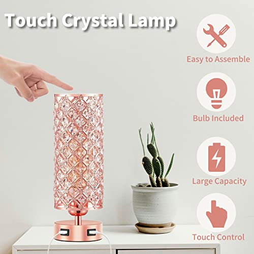 Brabola Crystal Table Lamps, Rose Gold Touch Desk Lamp Bedside Pink Lamp With 2 Usb Charging Port Nightstand Night Light Room Decor For Bedroom, Kids Room, Home Office, Living Room,Bar, Restaurant #TOP1