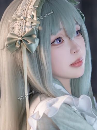 Image of Half and Half Long Light Green Curly Anime Cosplay Game Wig for Women 34.6'' Pastel Green Wave Virtual Singer Wig with Bangs Wigs for Halloween Party Costumes Daily