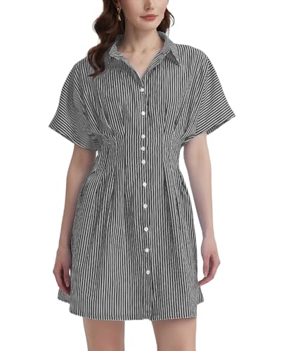 Women's Button Down Pleated Shirt Dress Short Sleeve Corset Waist Striped Summer Causal Mini Dresses