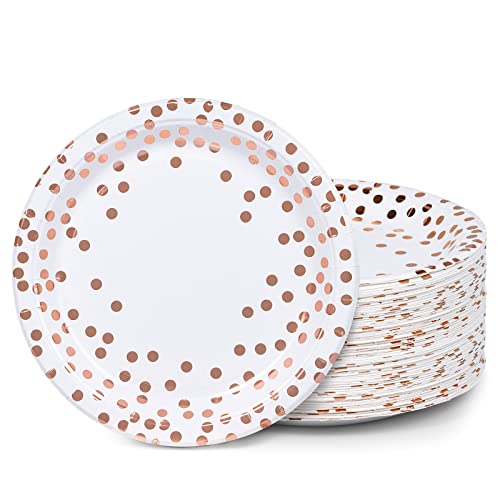 Lot de 100 assiettes jetables en carton blanc et or rose, à pois, 22,9 cm