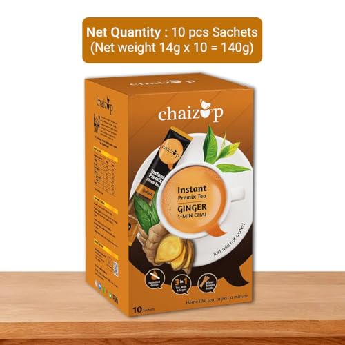 Image of Chaizup Instant Premix Ginger Tea | Karak Chai With Adrak & | Ginger Flavor | 10 Sachets | Adrak Chai | Masala Ginger Tea Powder | Premix Tea | Desi Chai, 140 Gm