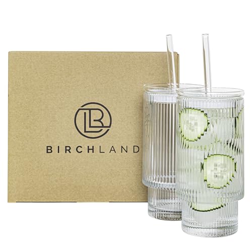 All Glass Iced Coffee Cup with Lid and Straw (16oz striped)
