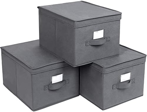 SONGMICS Set of 3 Foldable Storage Boxes with Lids, Fabric Cubes with Label Holders, Storage Bins Organiser, 40 x 30 x 25 cm, Grey RFB03G