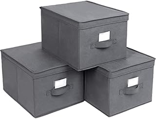 SONGMICS Set of 3 Foldable Storage Boxes with Lids, Fabric Cubes with Label Holders, Storage Bins Organiser, 40 x 30 x 25 cm, Grey RFB03G
