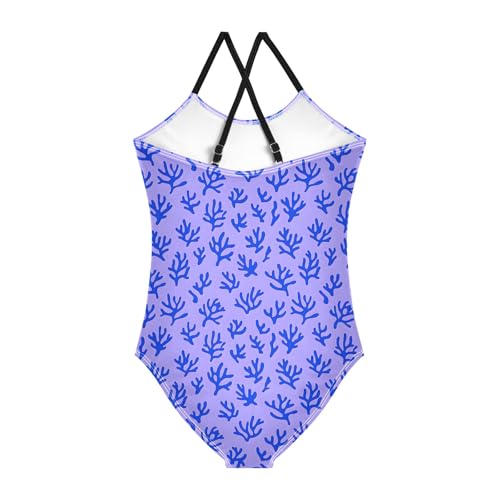 senya Girls Swimsuits One-Piece Swimwear Tie Bathing Suit Beach Summer Round Neck 5-6T Blue Coral on Purple Pattern2