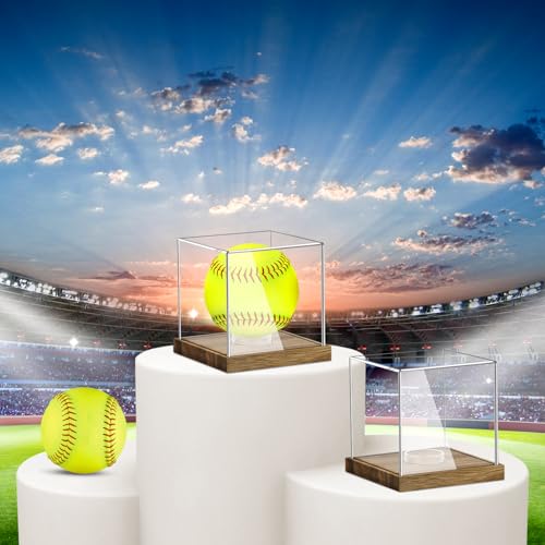 Image of Clear Acrylic Softball Display Case with Wood Base, Memorabilia Stand Cube Holder, Dust Protection Transparent Storage Box for Single Ball Souvenir Softball Collections